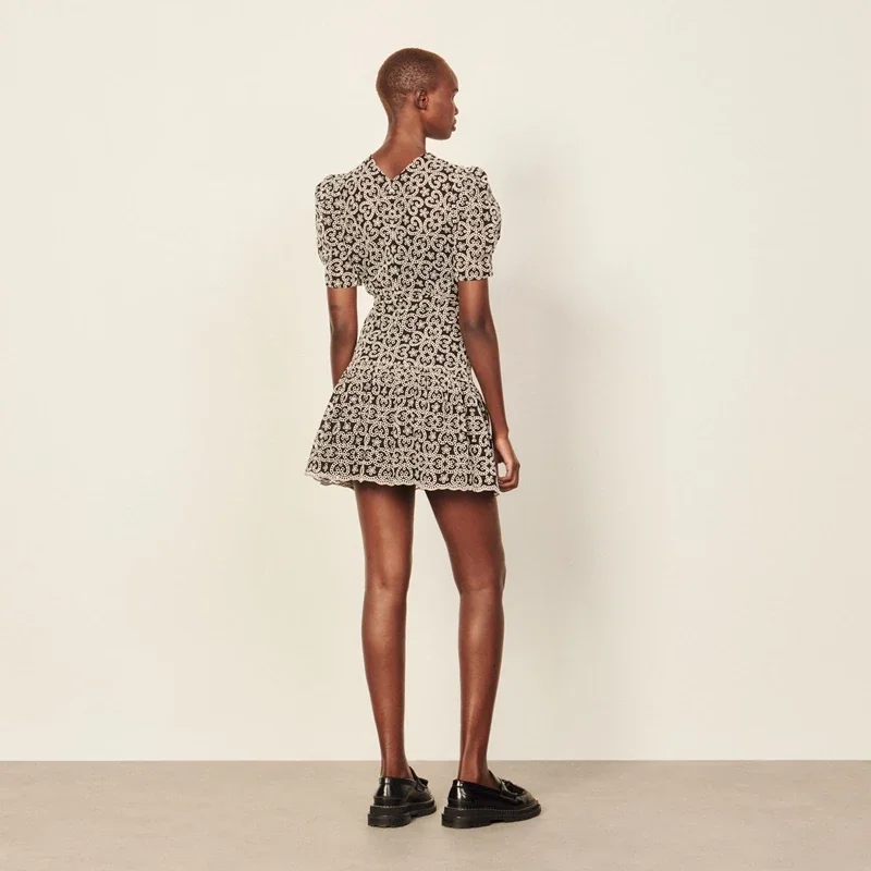 SANDRO Wholesale Custom 2022 Women Geometric Printed V-neck Mini Dress France Paris Brand Summer New Sexy Embroidery Lace