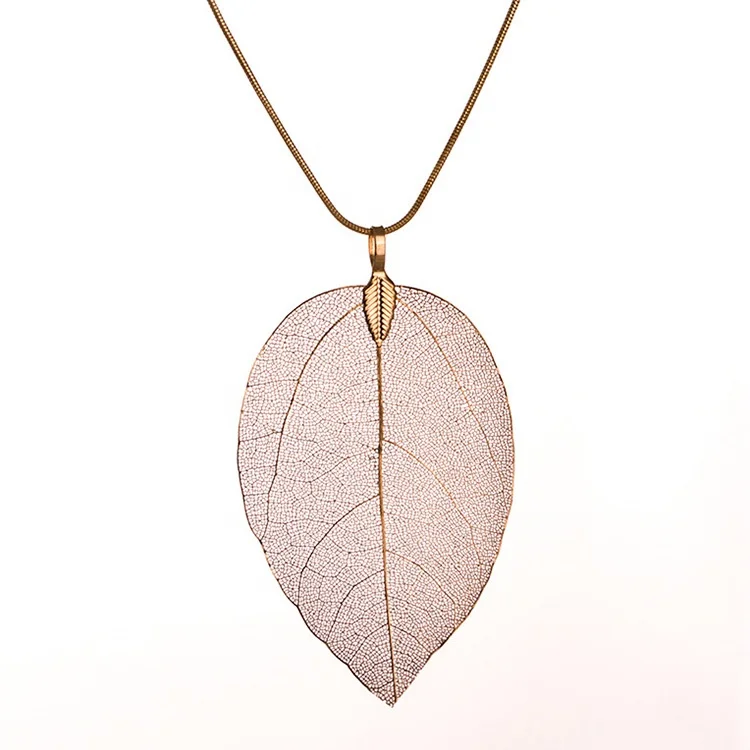 Fashion Natural Real Leaf Pendant Necklace Gold Plated  Snake Chain Leaf Shape Necklace