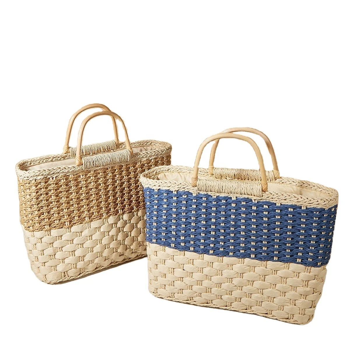 2024 wholesale color paper rope woven straw handbags tote bag with rattan handle