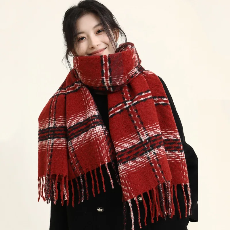 Hot Sale New Christmas Red Plaid Pattern Pashmina Scarves Unisex Wool Feel 180*70CM Scarf With Tassel Women Plaid Cashmere Scarf