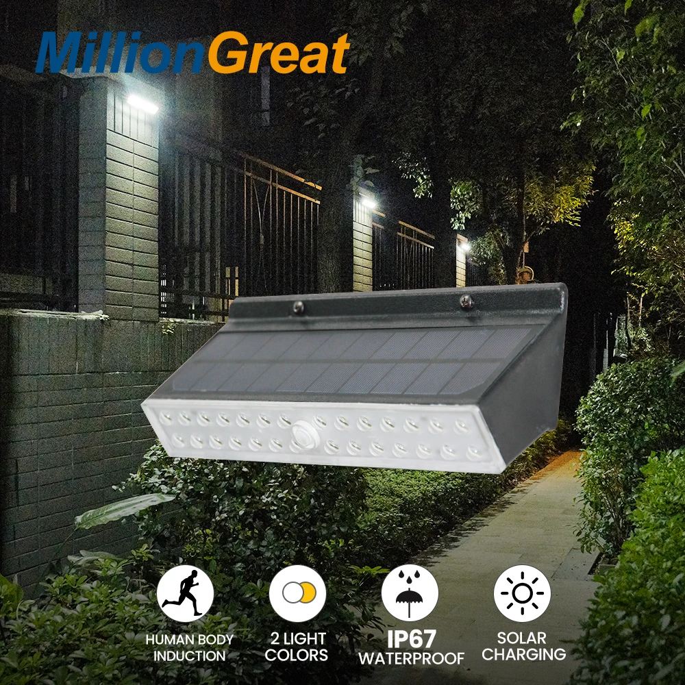 New waterproof IP67  solar wall lamp outdoor waterproof  night lamp human body sensing dual color temperature wall street lamp