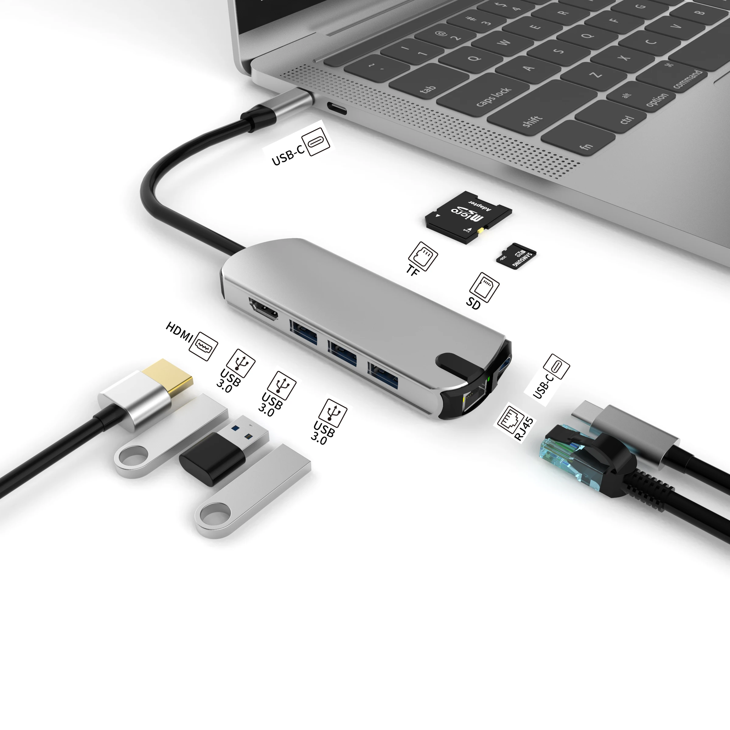 usb c adapter hub 8 in 1 type c turn USB3.0*3 HD-MI*1 SD*1 TF*1 RJ45 PD*1 Hot sale gray