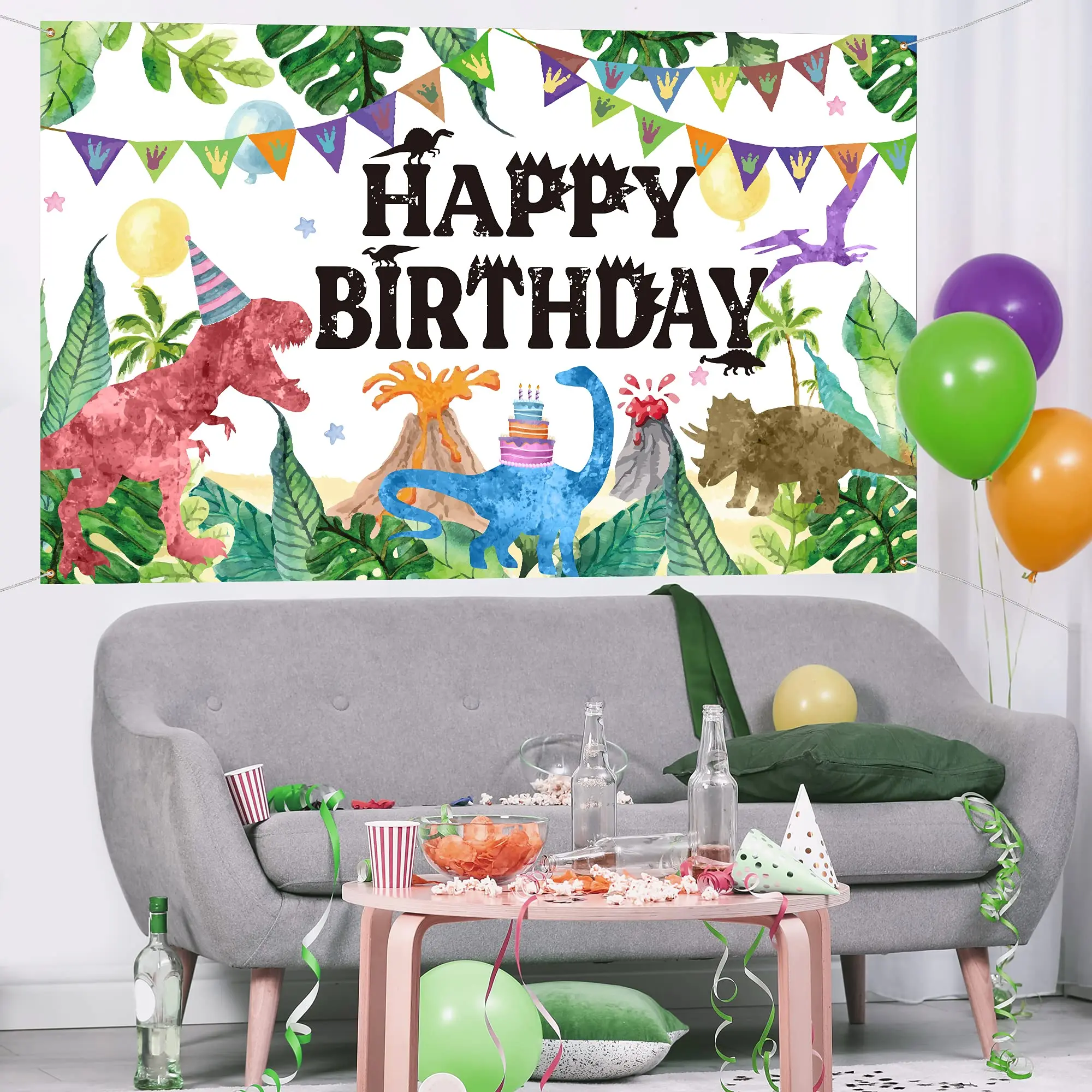 
Watercolor Dinosaur Backdrop Jungle Theme Happy Birthday Photography Background for Boy Girl Kid Adult Indoor Outdoor Decoration 