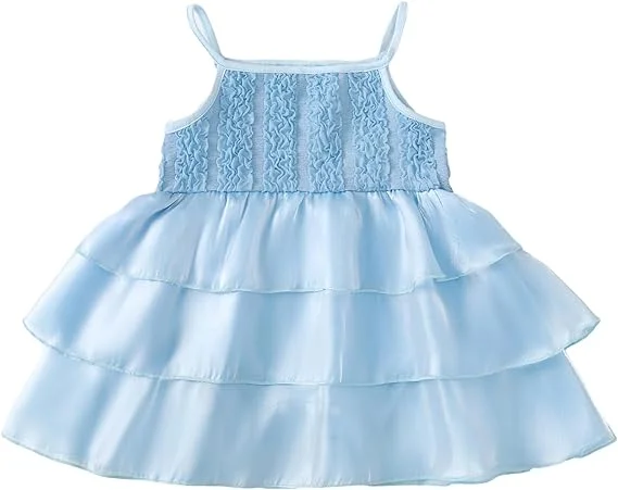 Wholesale kids girls blue straps dresses linen cotton ruffles chest layers skirt dresses baby girls boutique dresses