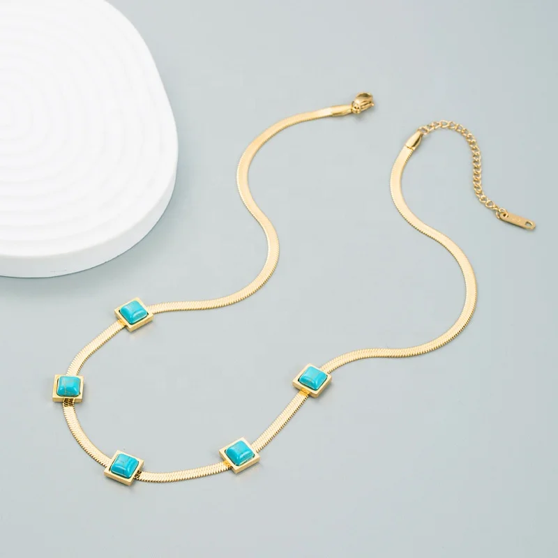 Hot Flat Snake Chain Herringbone Chain Choker Necklace 18K Gold Plated Stainless Steel Chain Bohemia Turquoise Necklace