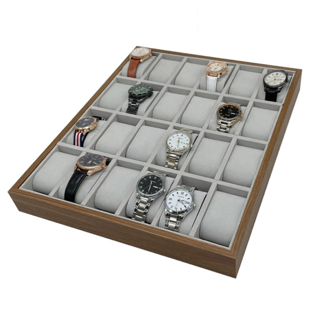 Customize Wooden PU Leather Velvet Watch Jewelry Display Tray Cost Effective Bangle Watch Jewelry Empty Grid Display Tray