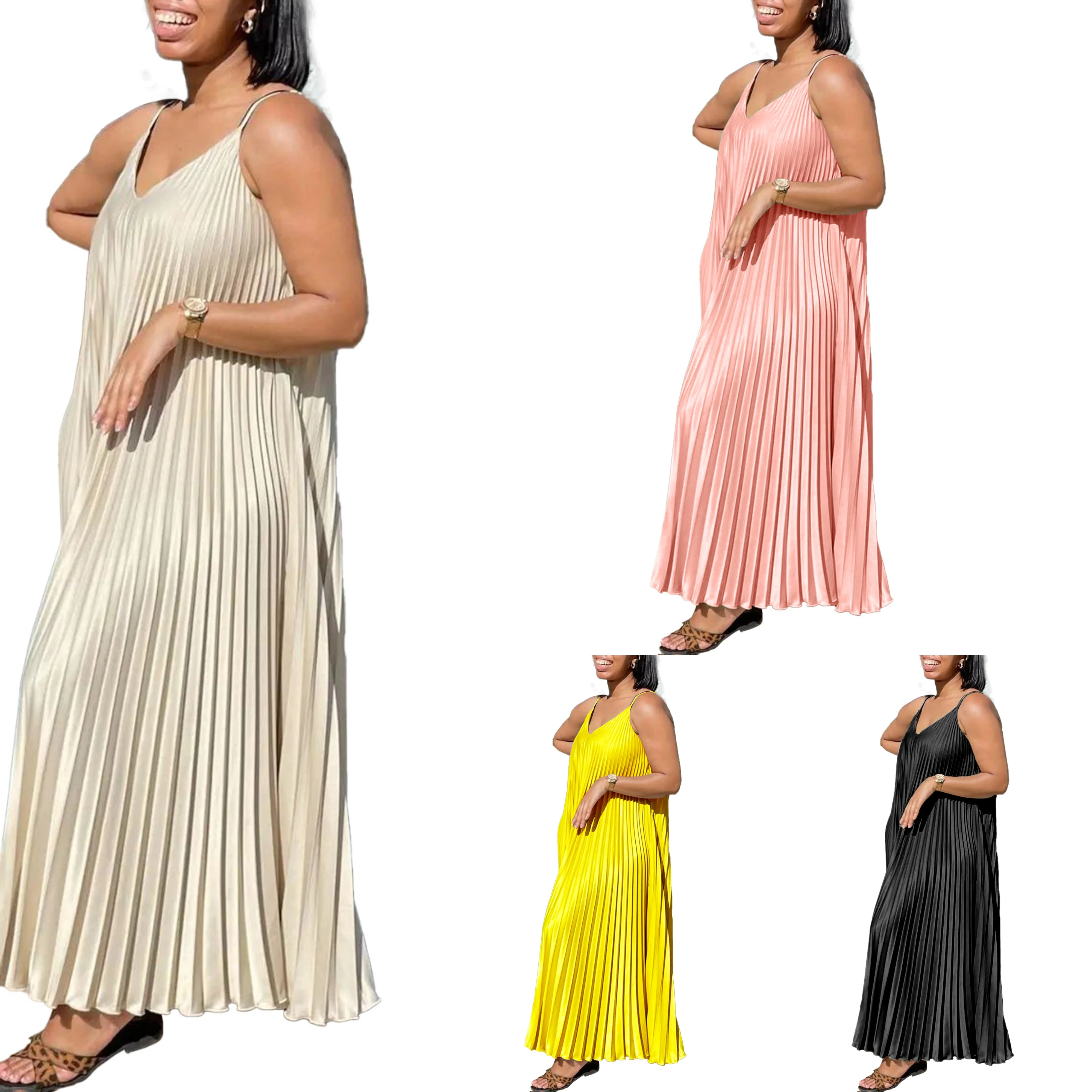 Latest Design Loose Summer Casual Dresses For Women V-Neck Strap A-line Slip Long Dresses Women Solid Vacation Pleated Dress