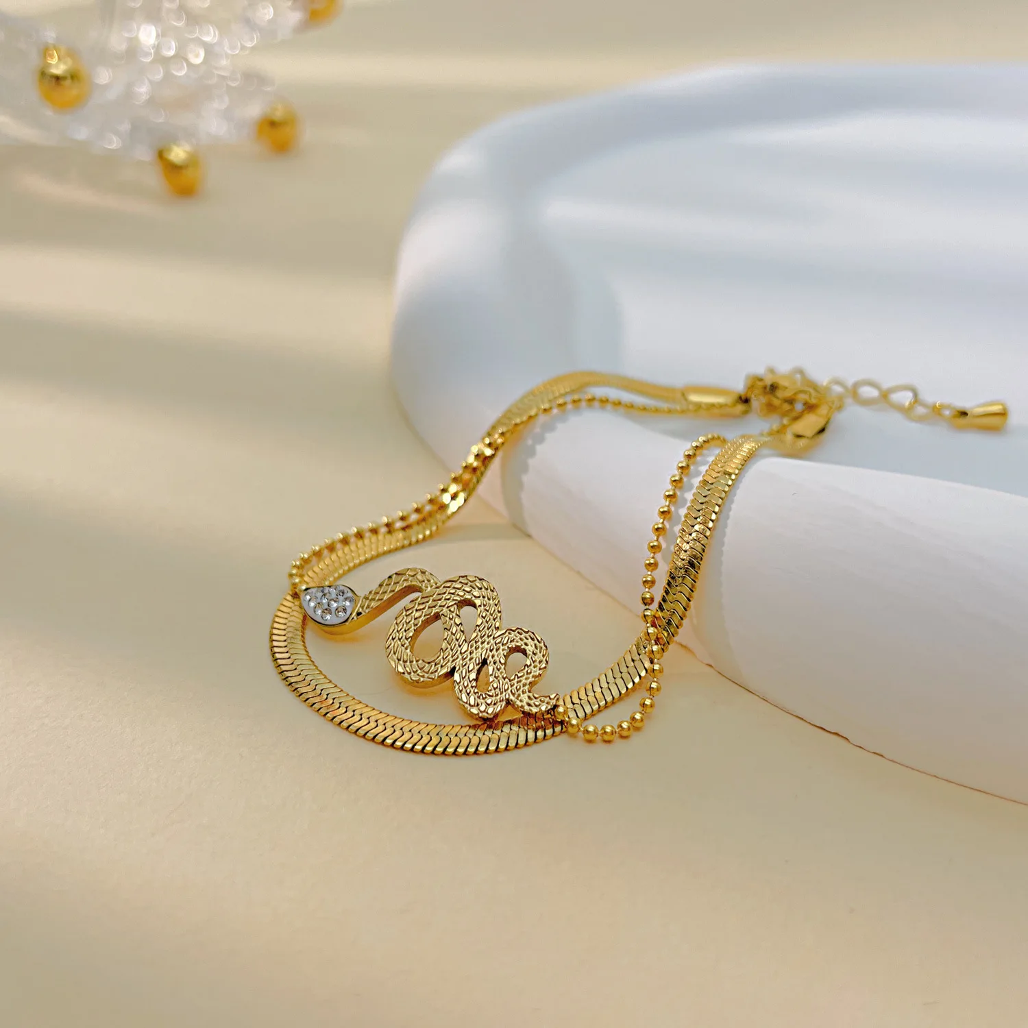 18K Real Gold Plated Layering Beaded Bracelets Blade Flat Snake Chain Stainless Steel Bracelet For Women Jewelry