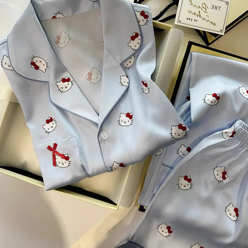 Cute cartoon Hello kt Kitty high-end ice silk pajamas that can be worn outside three piece pajama set