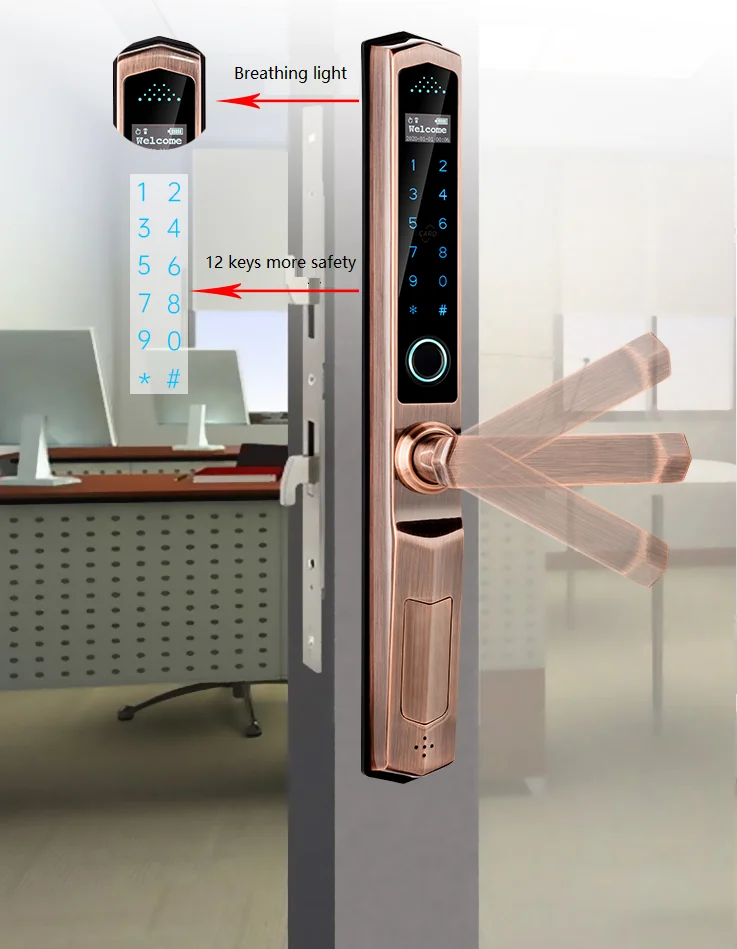 Smart Intelligent digital electronic Tuya wifi fingerprint handle door lock main sliding swing aluminum frame code door lock