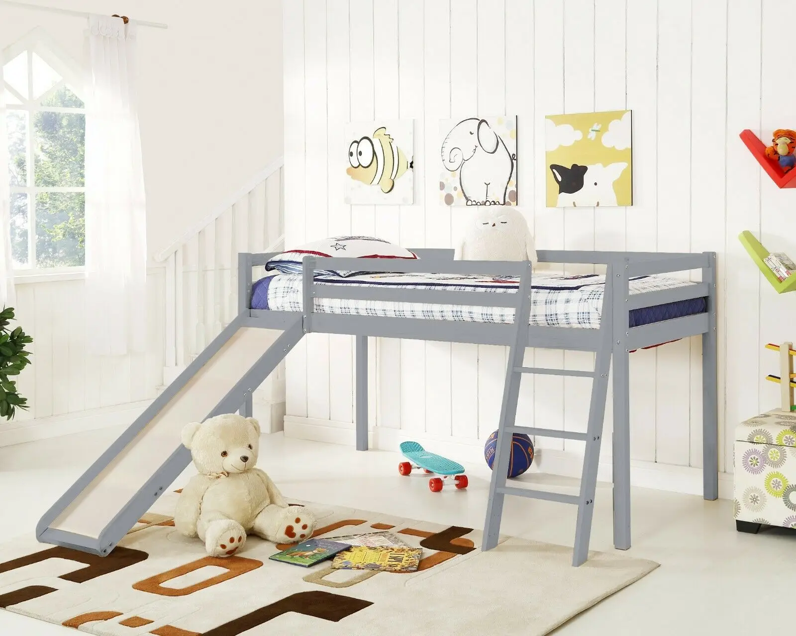 Simple Mid Sleeper Children Wooden Bunk Bed White Grey MDF Wood Kids Furniture Bunk Beds with Slide and Ladder