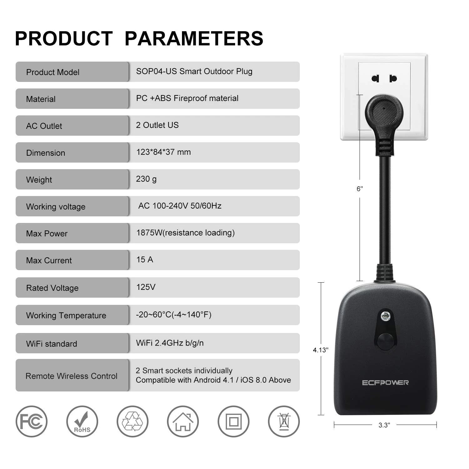 
ECFPOWER Remote control outdoor smart plug waterproof Electric sockets wireless Wi-Fi outlet work with Google Alexa Amazon 