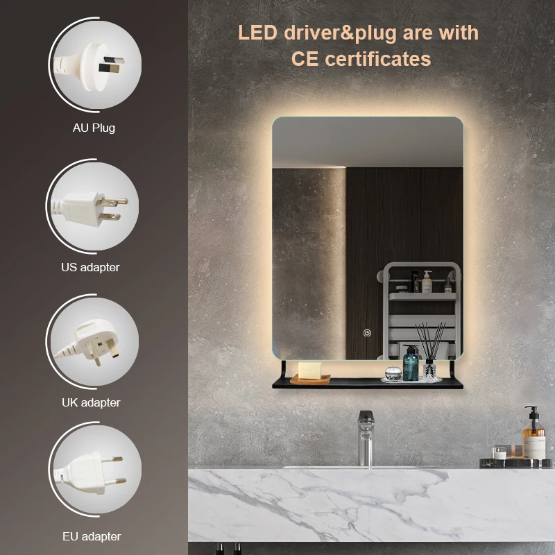 Modern Custom Square Sensor Light Up Vanity Switch Smart Hotel With Shelf Anti Fog Led Bathroom Mirrors