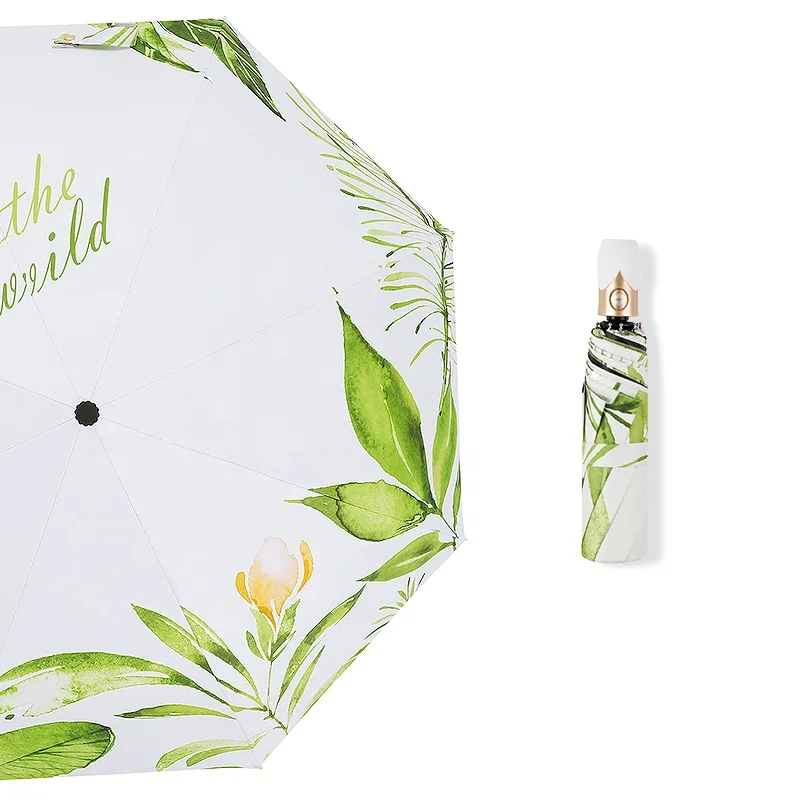 Full Automatic Umbrella Mechanism Wholesaler Compact Folding Umbrella green pink pattern printed black UV coating with UPF