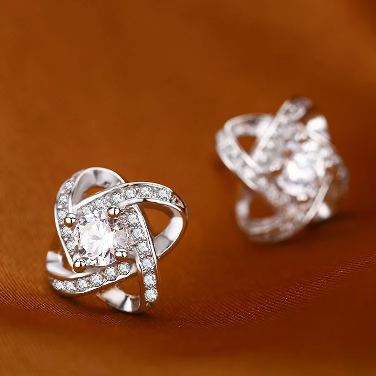 Anti-allergic 925 sterling silver inlaid zirconia earrings popular rotating clover earrings kpop