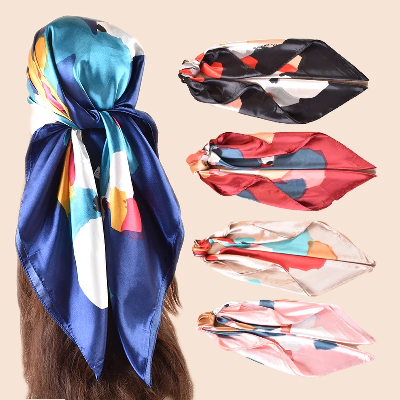 QL 2024 New Female Fashion Square Silk Scarf Graffiti Gauze satin silk square scarf  Digital Printing Logo Wholesale