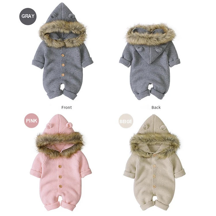 Unisex Baby Rompers Spring Autumn Knitwear Toddler Clothes Raccoon Fur Trim Hooded Newborn Baby Rompers Winter
