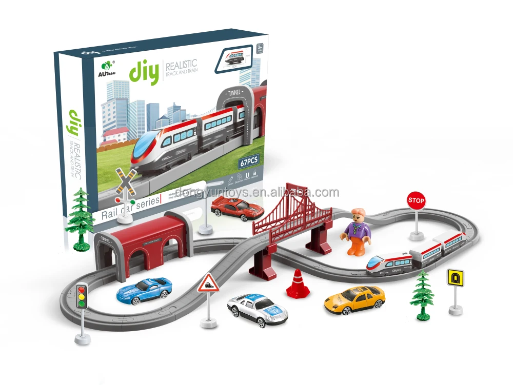 Hot Sale Modern Electric Train Track Electric Railway puzzle assembled track train set slot toys with alloy metal race cars