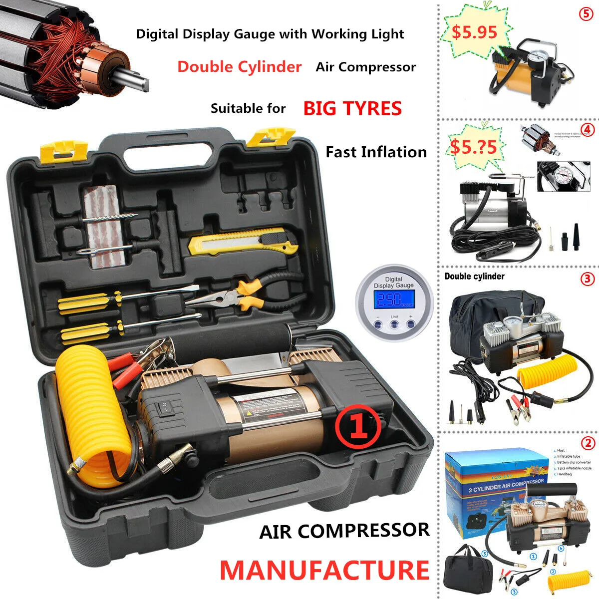 Многофункциональный автомобильный воздушный компрессор, насос для шин, набор инструментов со светодиодной подсветкой