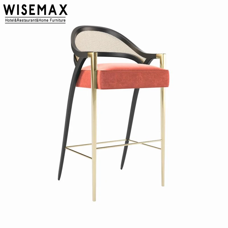 WISEMAX FURNITURE Italian Home Solid Wood Frame High Legs Bar Stool Rattan Curved Backrest Design Bar Stool With Fabric Seat