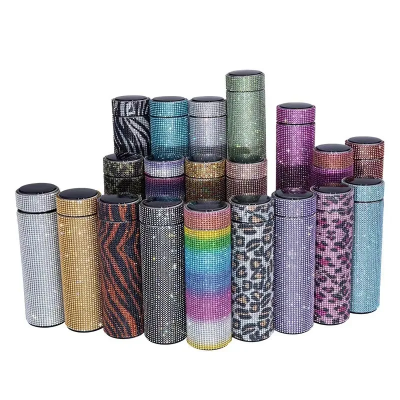 Stainless steel diamond-inset smart thermos cup led temperature display water cup home office straight cup