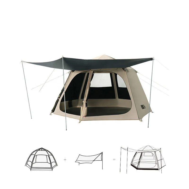 Large Space Anti-UV Outdoor Tents Hexagonal Double Layer Waterproof  Camp Tent For 4-6 Person Hiking Garden
