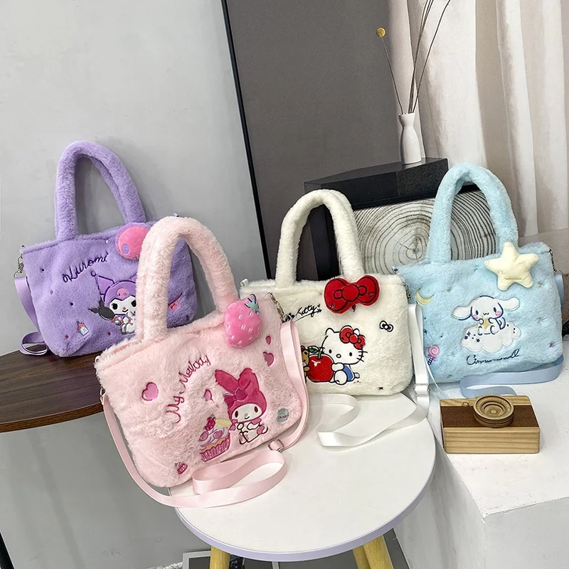 High Quality Kawaii Anime Sanrioed Stuffed Plush Tote Bags My Melody Purin Dog Melody Kuromi Cinnamoroll Made Cotton PP Filling