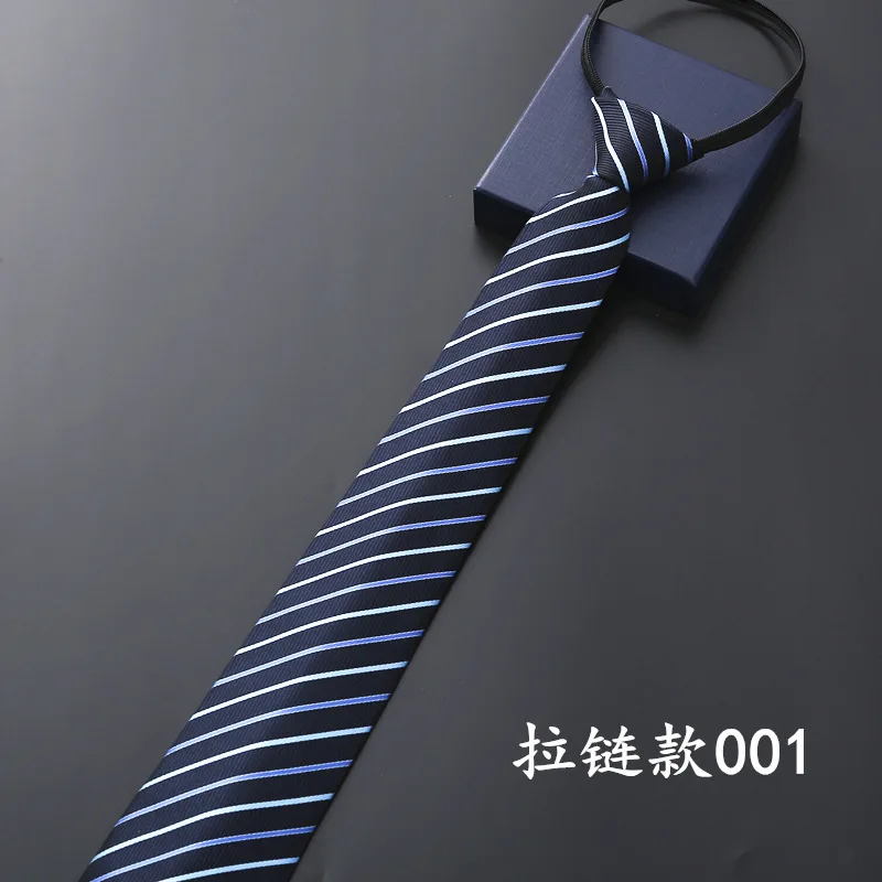 Men Business Formal Zipper Groom Wedding Blue Stripe Korean Style Black Lazy Tie