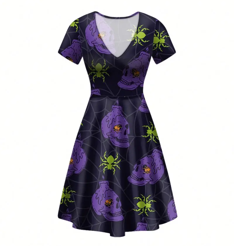 Black and White Witch Skull Print Halloween Dresses Women Lady Elegant Sexy Casual Evening V-neck Short Sleeve A-line Midi Dress