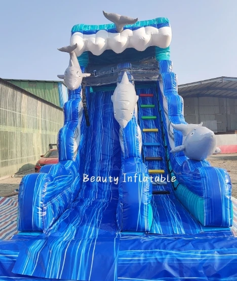 new design dolphin waterslide inflatable water slide with pool for sale