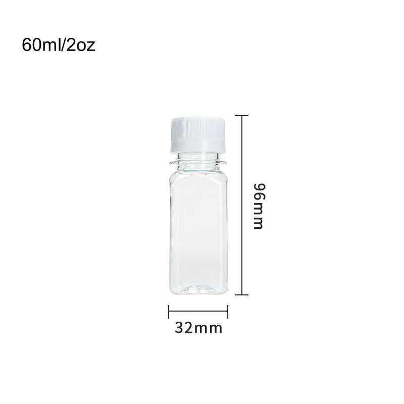 Hot selling 2oz 60ml Clear Plastic Square Mini Bottle with Plastic Screw Cap for Juice Beverage refillable bottles