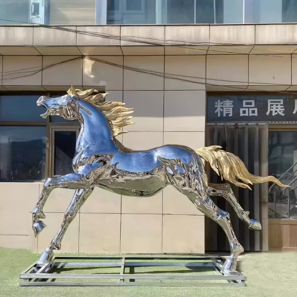 Custom Galloping Animal Polished Stainless Steel Statues Large Metal Garden Statues Life Size Metal Winged Horse Sculptures