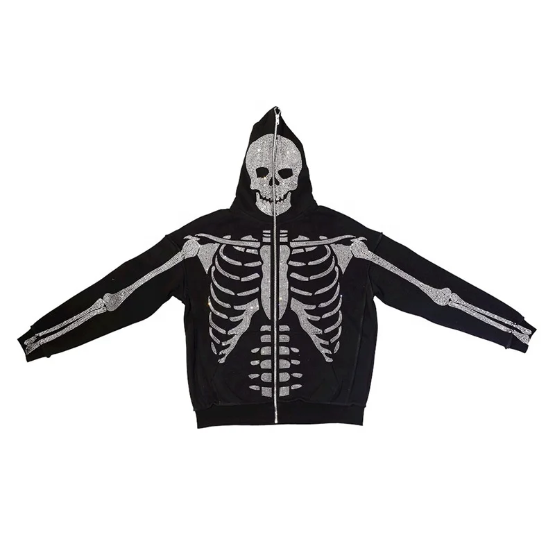 Customized unisex fullzip skull hoodie no string full zip up sweatshirt rhinestone hoodie