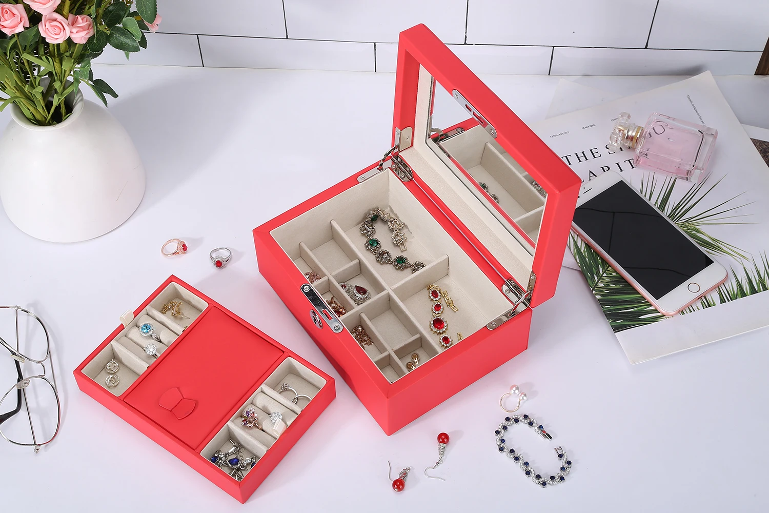 High-End Large Capacity Microfiber Jewelry Box Custom logo Ring Earrings Jewelry Storage Box with Mirror Jewellery Box Packing