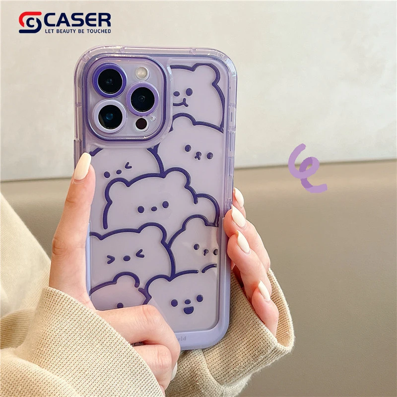 Ins Style Cartoon Purple Little Bear Phone Case With Stand Popular Lovely And Lucky Girl Mobile Phone Cover For Iphone 15 14