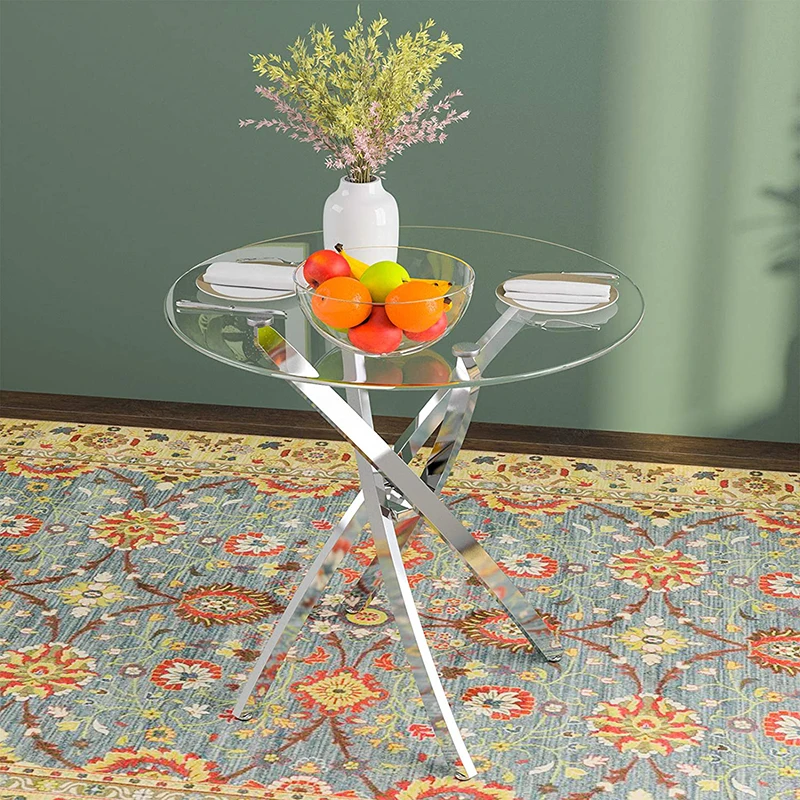 Verified Factory Glass Furniture Modern Nordic Metal Framed Small Round Glass Dining Table for Space Saving