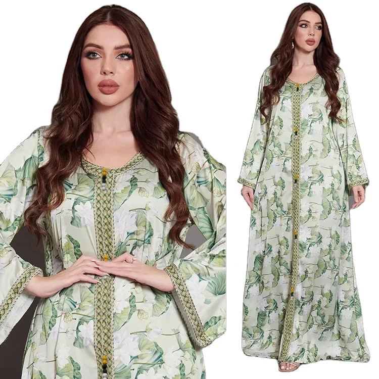 Light Green color lotus leaf printing pattern loose size  saudi arab dubai muslim women jalabiya for daily