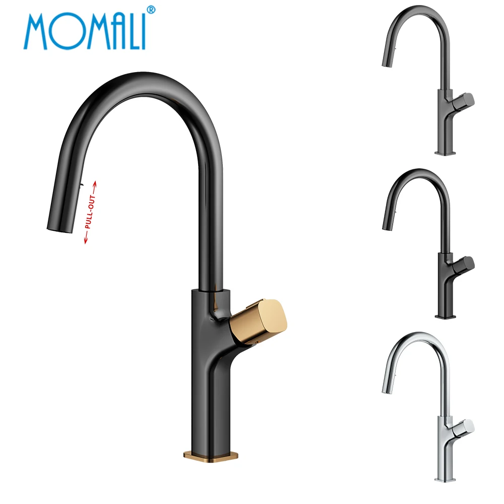 Momali Wholesale Price Chrome Matte Black Gun Metal Rose Gold Hidden Brass Retractable Pullout Pull-out Kitchen Sink Faucet