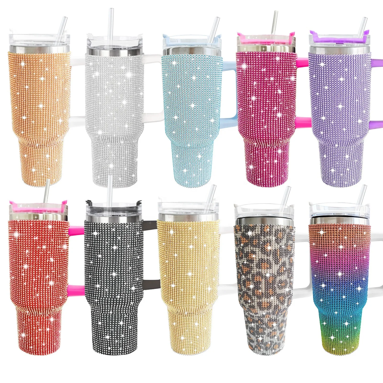 Custom 40oz Rainbow Leopard Diamond Bling Tumbler Travel Cup Wholesale Bulk Rhinestone Studded Mugs with Handle and Straw