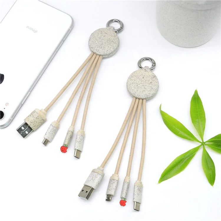 Eco-Friendly Promotion Gift Wheat Straw USB Charging Cable Custom Logo Portable Multi 3 in 1 USB Type-C Micro OTG Charger