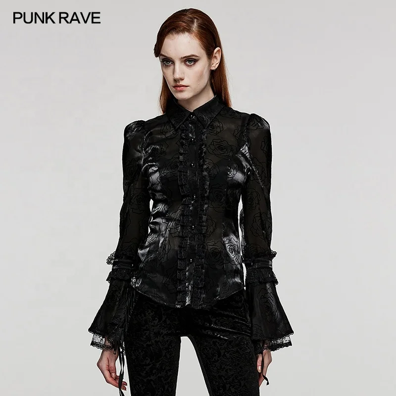 PUNK RAVE WLY-104XCF Goth Vintage Rose Patterned Shirt Sexy Perspective Slim Organza Shirt Lolita Flared Sleeves Lace Blouse