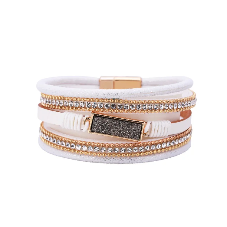 2021 New Fashion Bling Rhinestone PU Leather Bracelet Boho Handmade Multi Layer Rectangle Crystal Stone