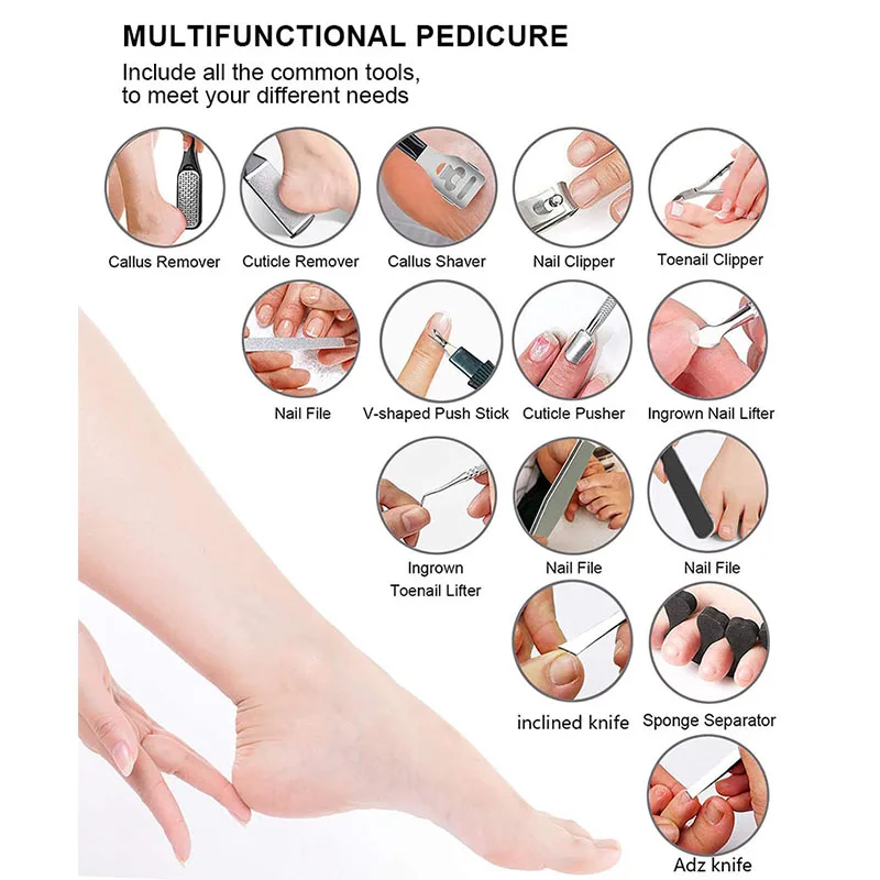 Professional Pedicure Kit Nail Clippers Foot Care Spa Art Tools 15 Pcs Black Manicure Set Feet Rasp Dead Skin Remover for Home
