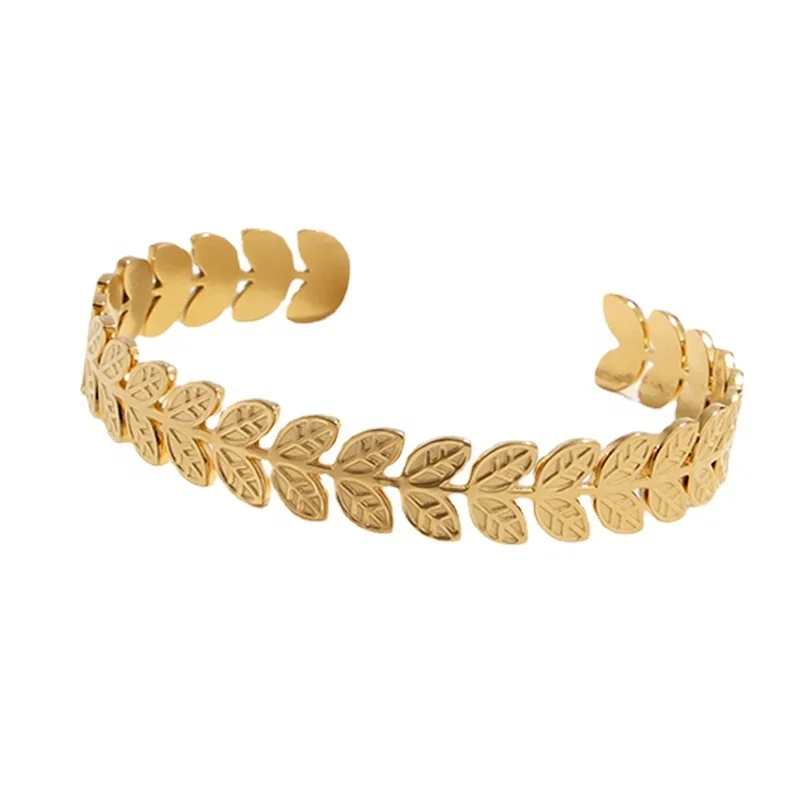 Fashionable retro exquisite new style splicing leaf 18K gold plated C-shaped novelty cuff opening bracelet new style for women