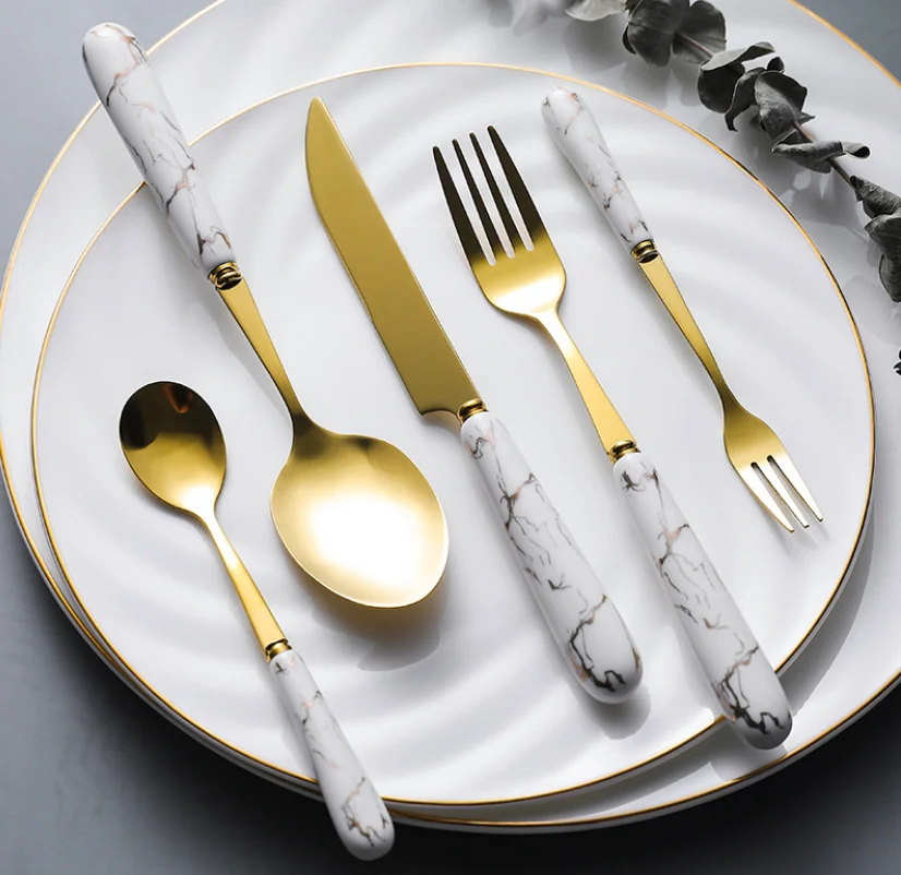 Dropshipping Decorated Ceramic Handled Stainless Steel Flatware Gilded Hand Grip Cutlery Set Spoons Forks Knives for Restaurant