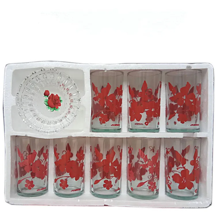 Factory Cheap Printed Glass Juice Cup Glassware 9-Pack Tall Cup Custom Pint Printed Glass and Crystal Clear Vintage Ashtray Set