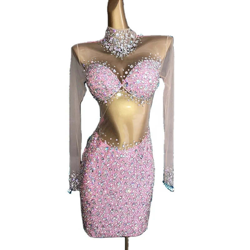 Club  stage party show See Through Chiffon Porn Party Club Dress Glitter Rhinestone Prom Gowns Evening Dress