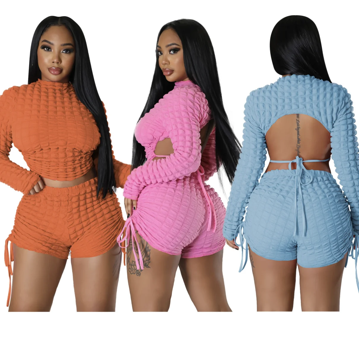 New 2023 Casual Spring Set Womens Popcorn Fabric Cropset Lady Casual Women Two Piece Set Dresses