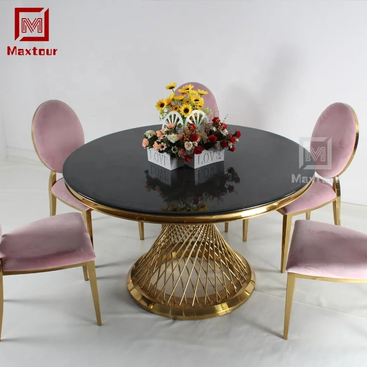 Modern design stainless steel base customized luxury black glass top round dining table