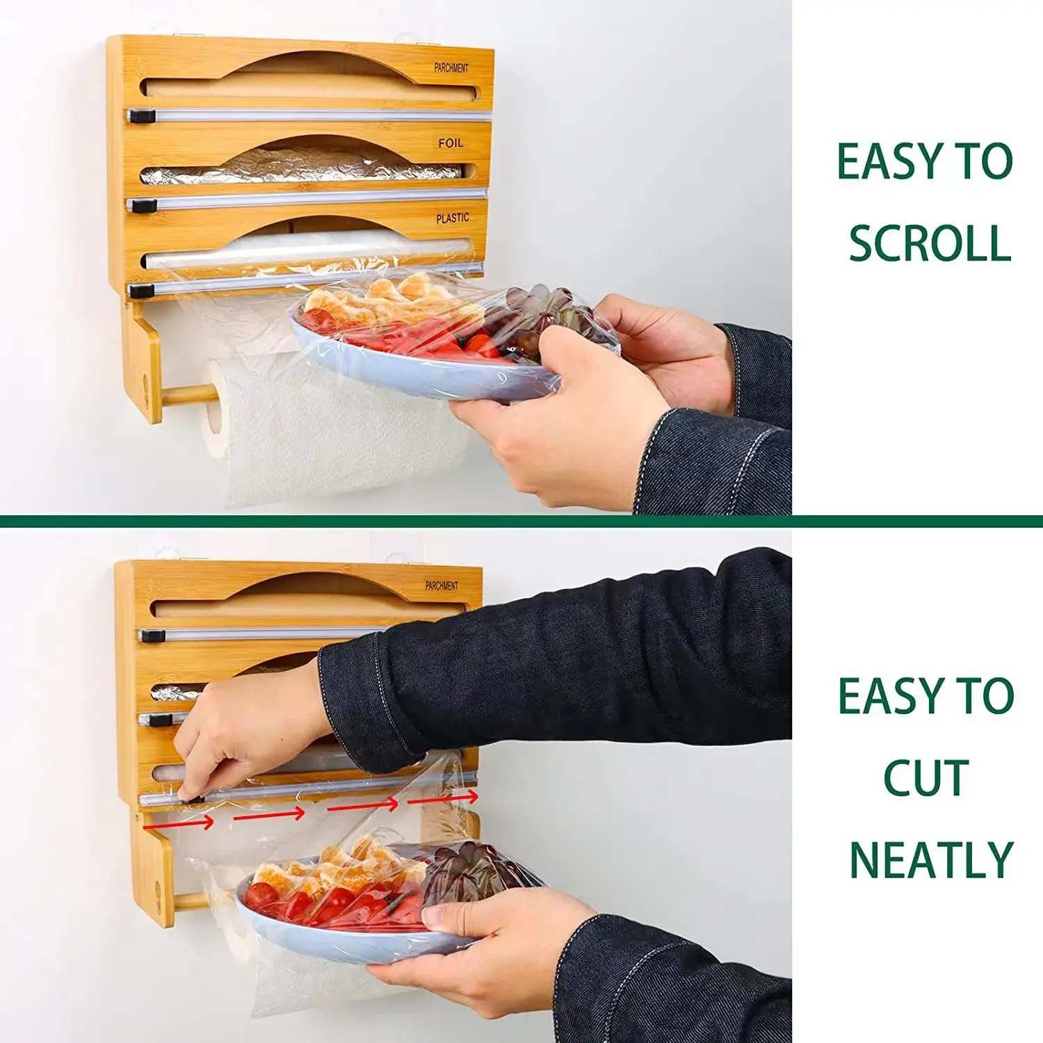 MF-L348Bamboo Wood Roll Organizer Holder Wax Paper Aluminum Foil And Plastic Wrap Dispenser With Slide Cutter